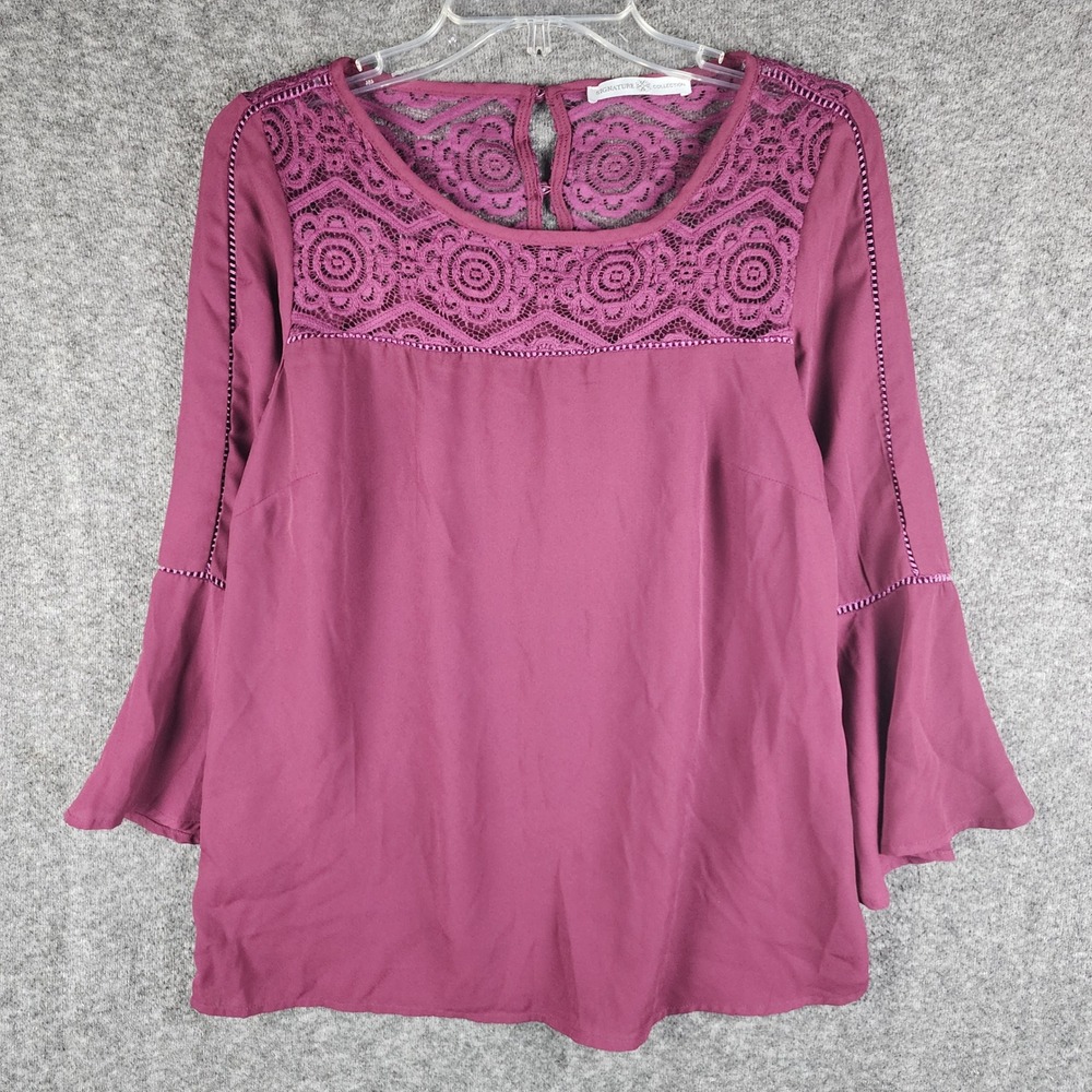 Signature Collection Blouse Womens S Burgundy Lace Yoke Bell Sleeve EUC